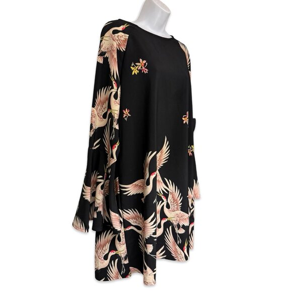 Plus Size Retro Bird Print Mini Dress with Bell Sleeves - Size 0XL - Picture 3 of 10